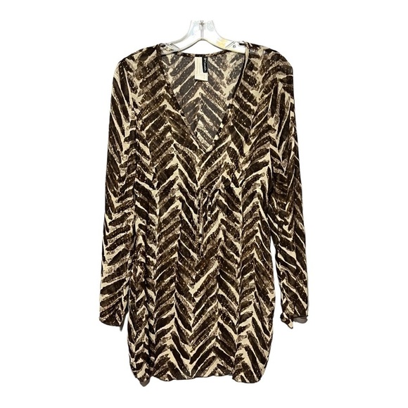 Be Creative Brown Sheer Exotic Print Swimsuit Cover-Up Long Sleeve V-Neck Dress - Picture 1 of 6